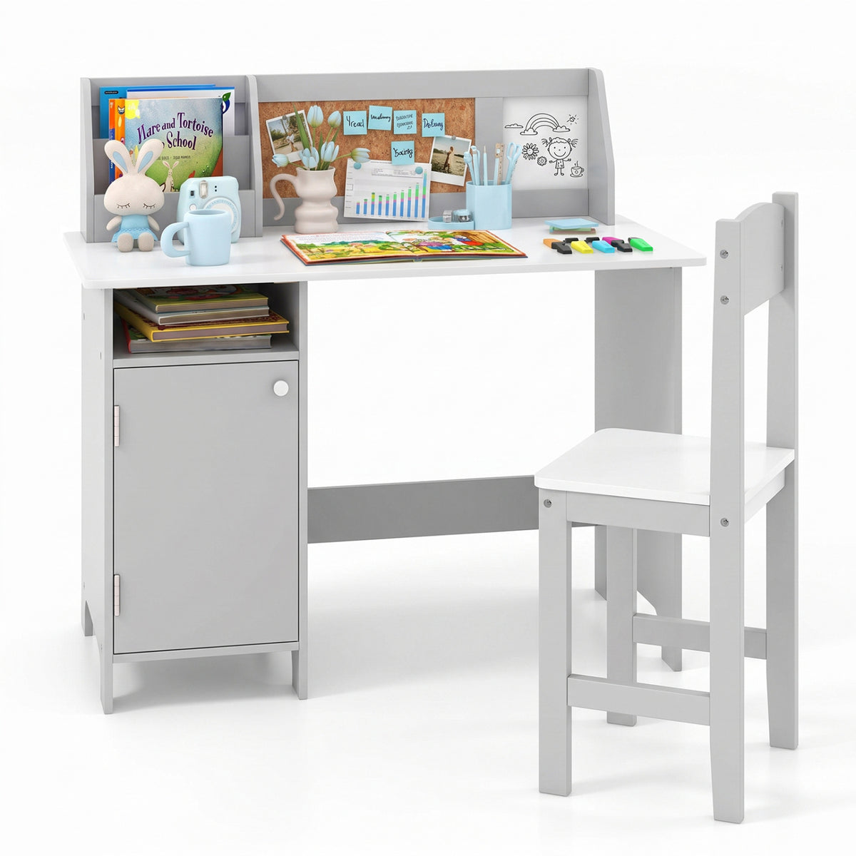Gray desk and matching chair against a white background, with books and stationery on the desktop.