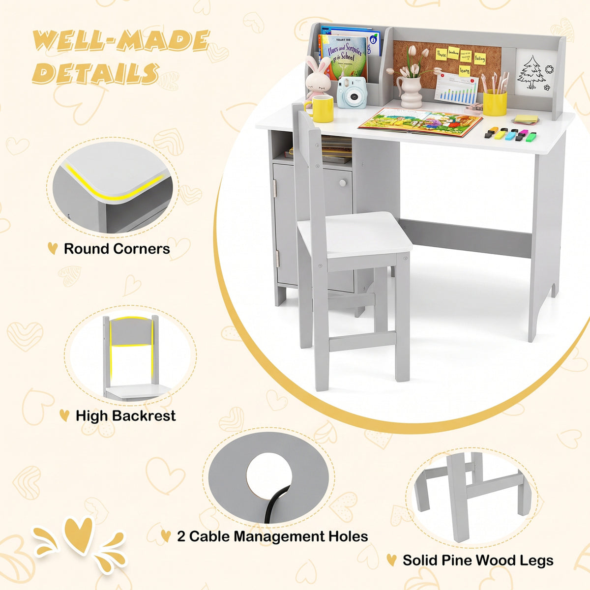 Desk and chair shown with close-ups of rounded corners, the chair back, cable holes, and table legs.