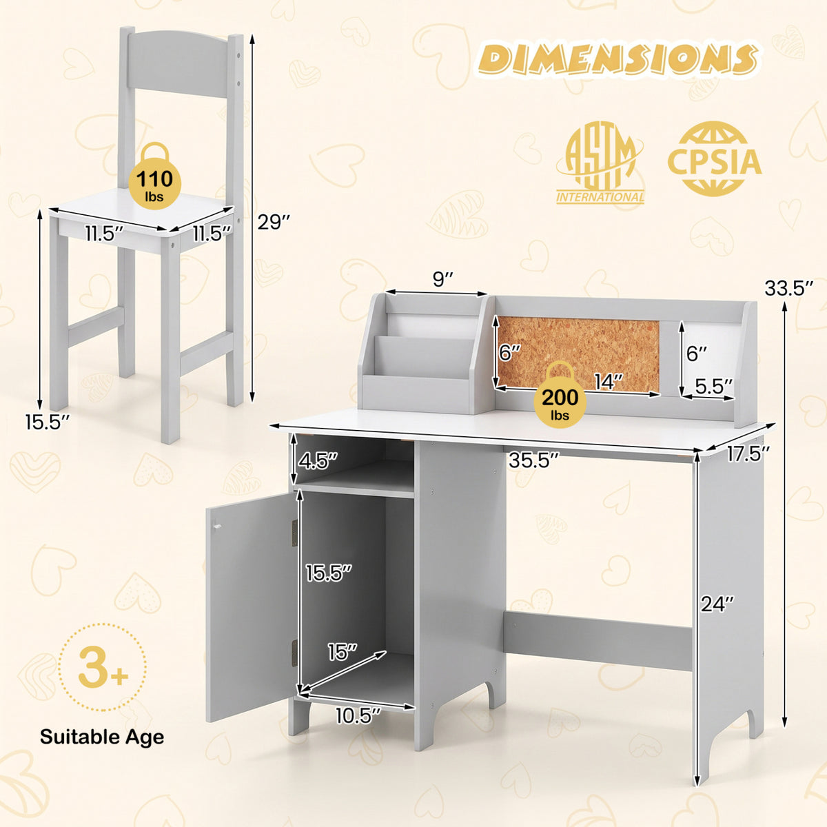 Gray desk with a matching chair, shown with measurement arrows and an open side cabinet.