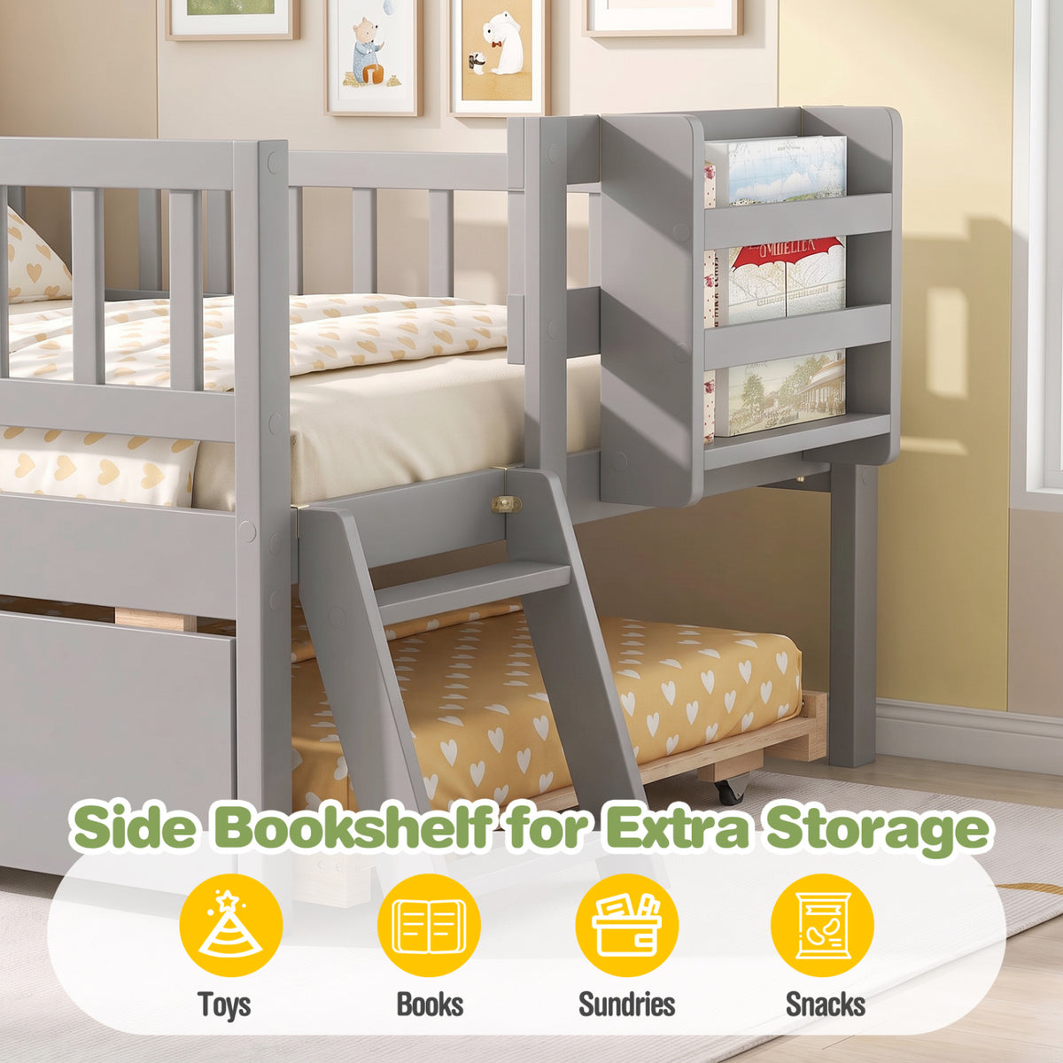 Close view of the bed's side bookshelf, ladder, guardrails, and trundle mattress.