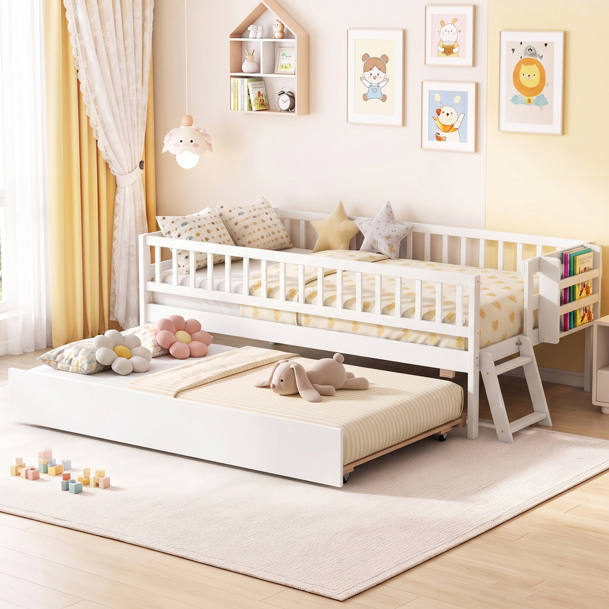 White raised bed with a pull-out trundle, ladder, and side bookshelf in a bright children’s bedroom.