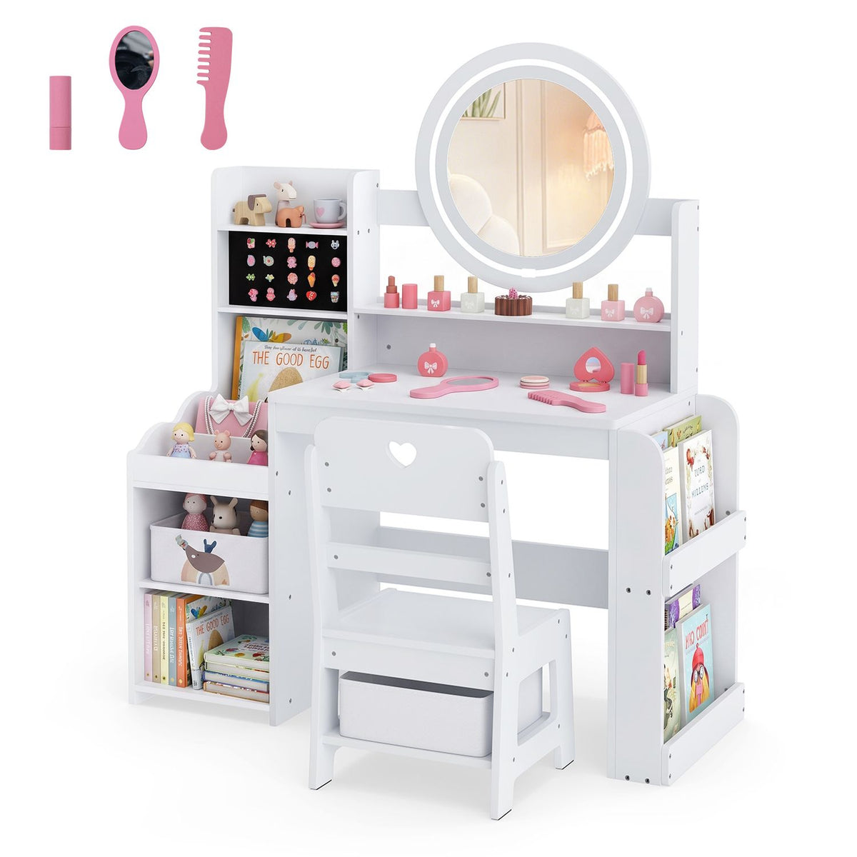 White vanity set with round mirror, chair, side shelves and three pink grooming accessories on a white background.