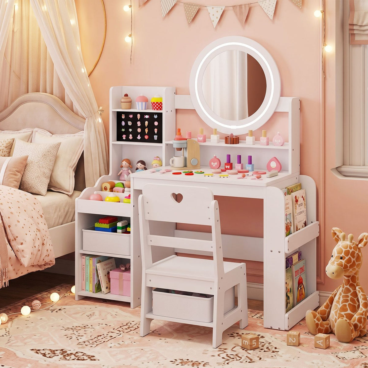 White vanity desk with a round lighted mirror, shelves, chair and side book racks in a pink bedroom.