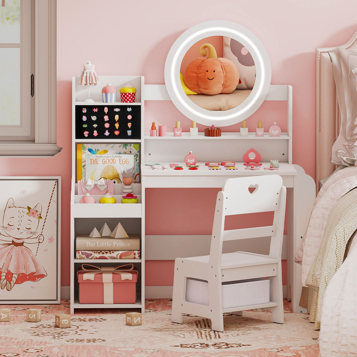 Front view of the white vanity and chair, with a round illuminated mirror and a tall shelf beside it.