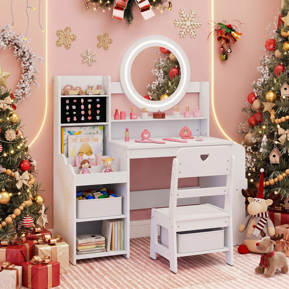 A white vanity and chair with a circular illuminated mirror, styled among holiday decorations.