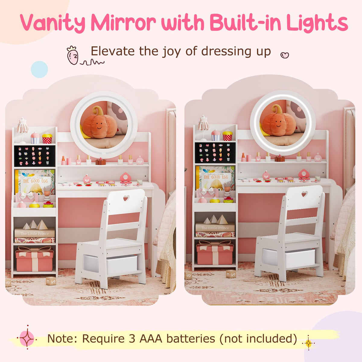 Two views of a pink vanity and chair show the round mirror’s built-in lights.