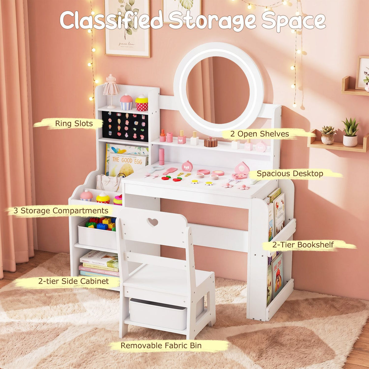 A white vanity with a round mirror, side shelving, a chair, and a fabric bin in a pink room.