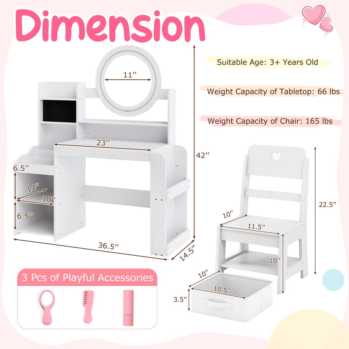 Diagram showing the vanity, chair and drawer with measurement arrows and three accessory illustrations.