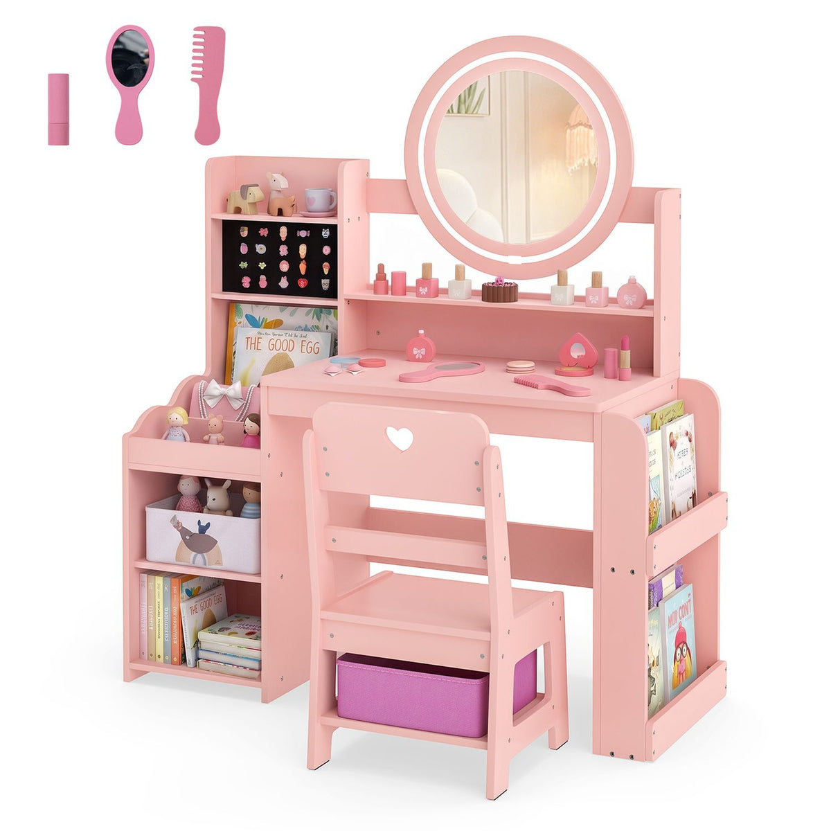 Pink vanity desk and chair with a round mirror, side shelves, books, and small accessories against a white background.
