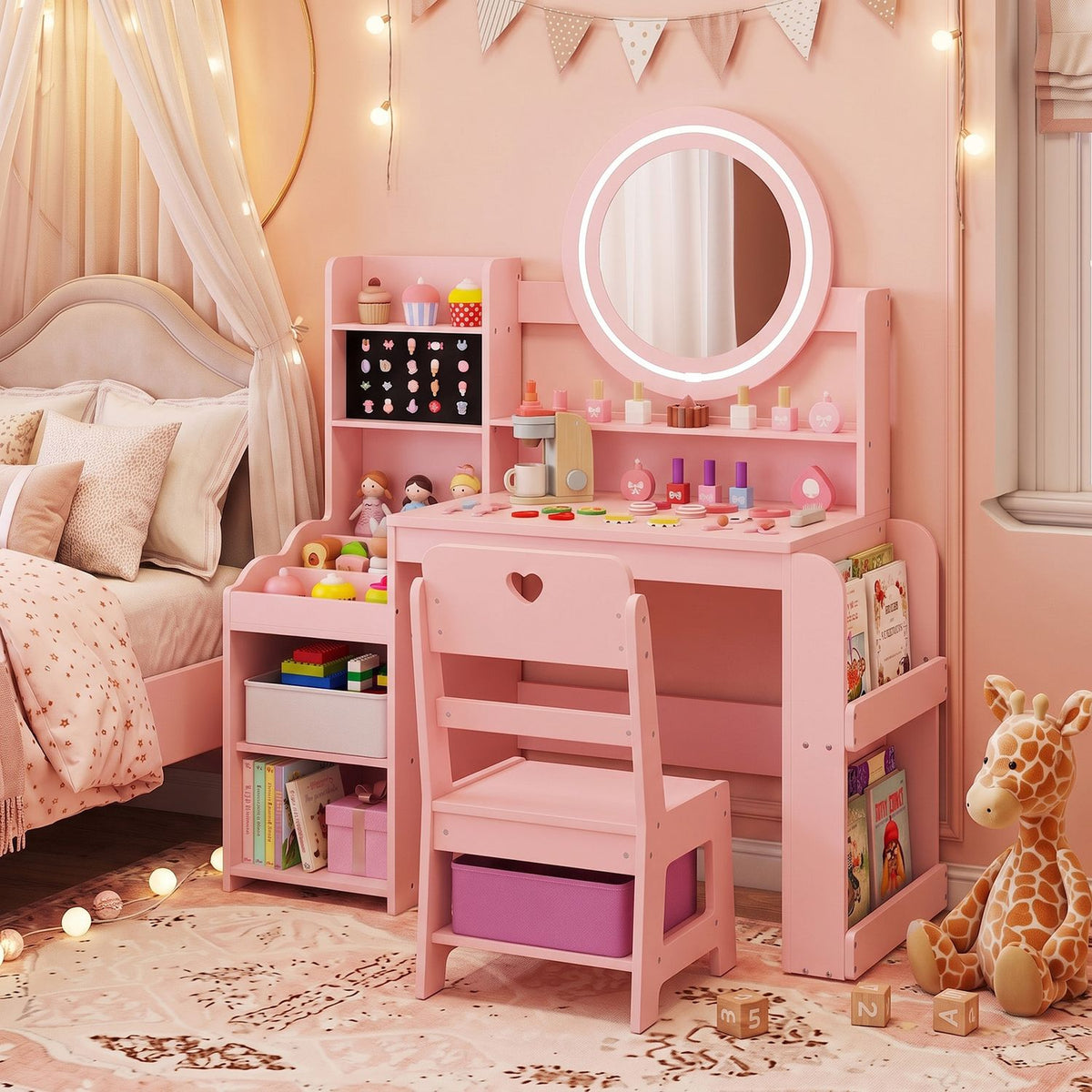 Pink vanity desk with illuminated round mirror, shelves, matching chair, and a bookcase in a decorated bedroom.