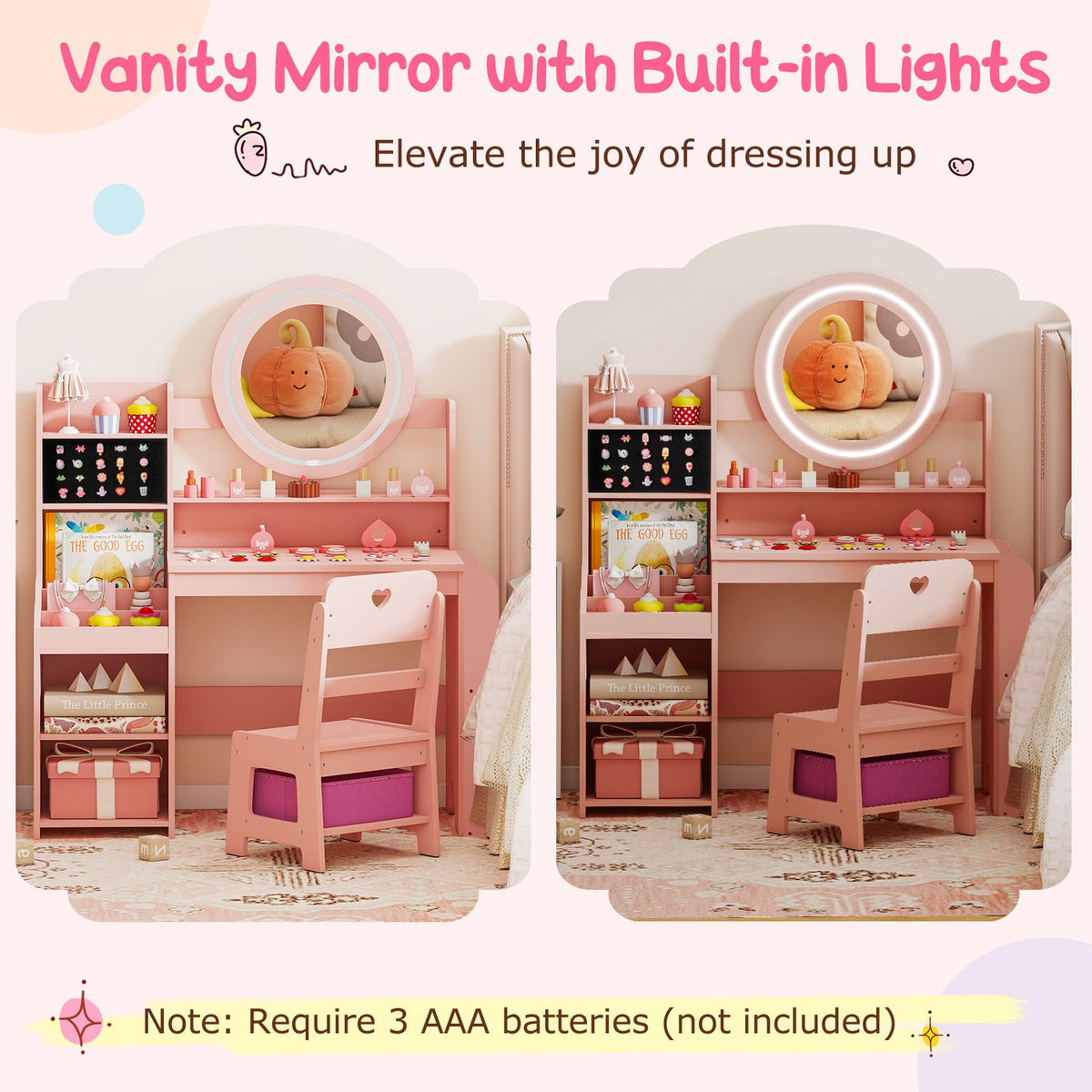 Two views of the pink vanity show its round mirror lights off on the left and glowing on the right.