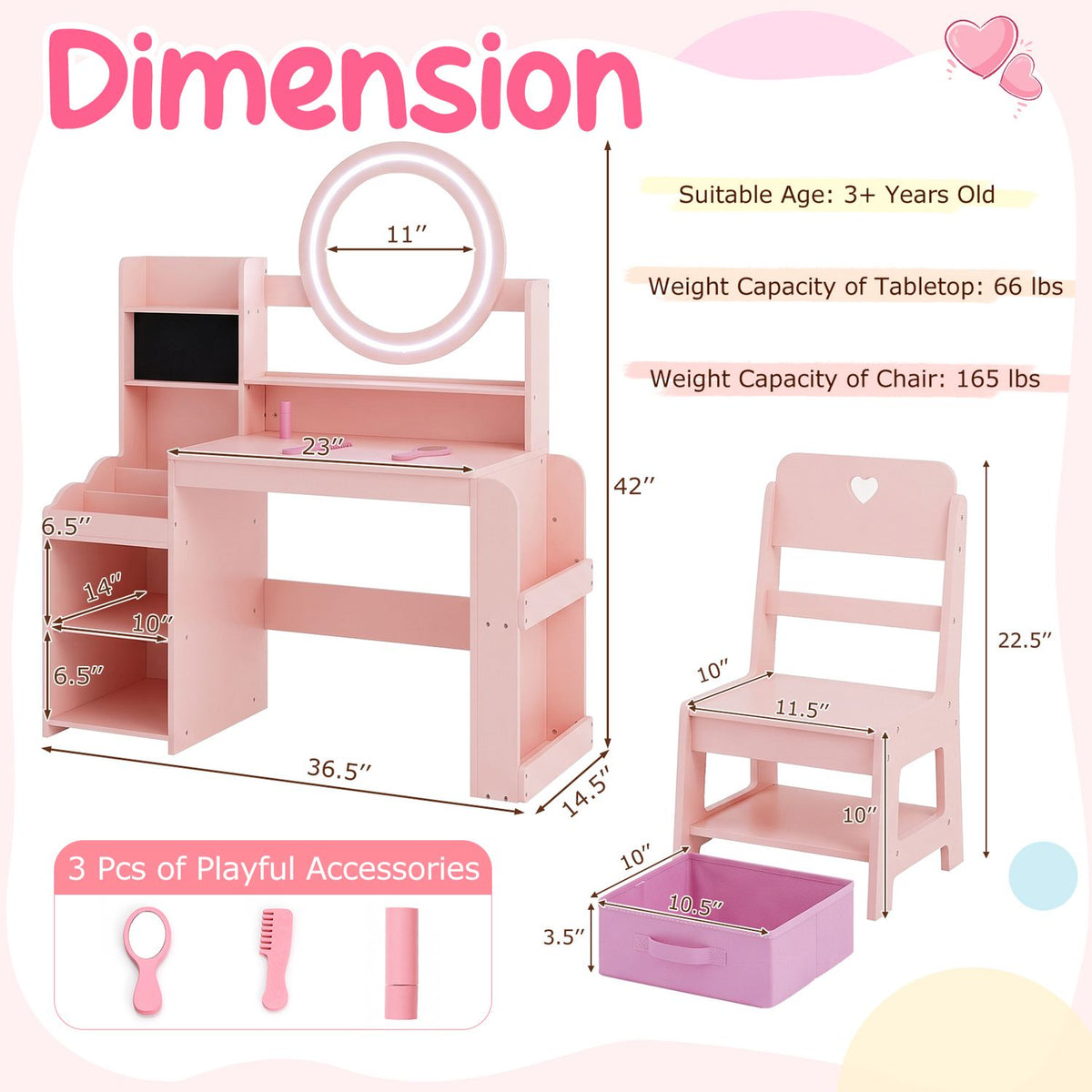 Diagram showing the vanity, chair, storage bin, accessories, and dimension callouts.