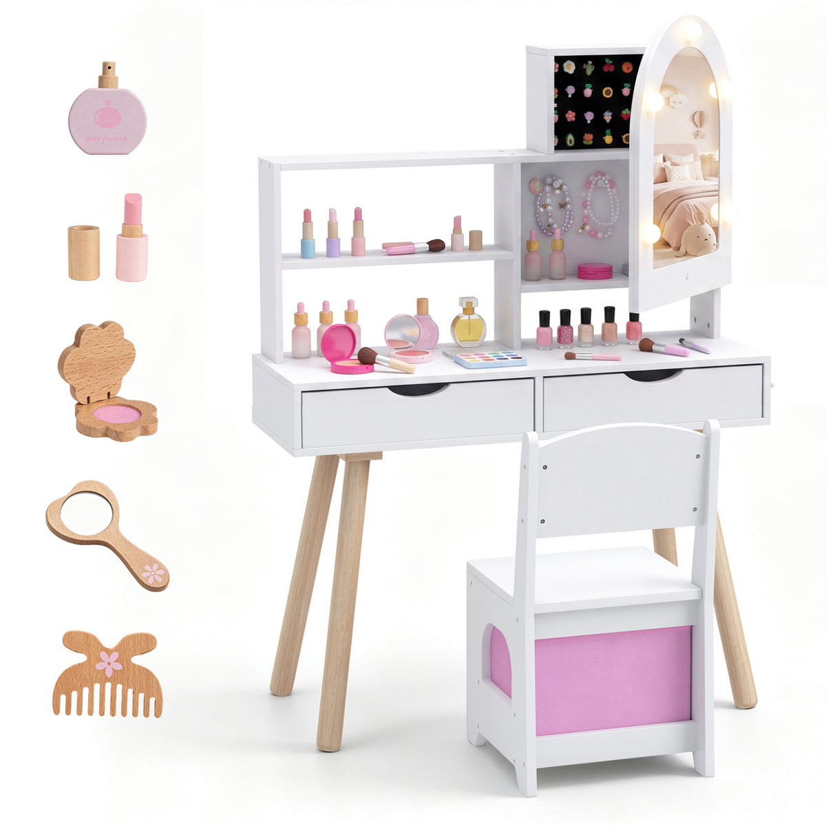 White vanity set with open shelves, arched mirror, matching chair, and toy grooming accessories on a white background.