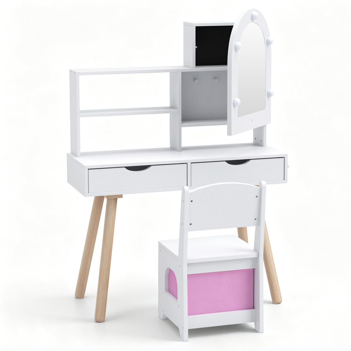 White vanity and chair shown without accessories, with the cabinet door open against a white background.