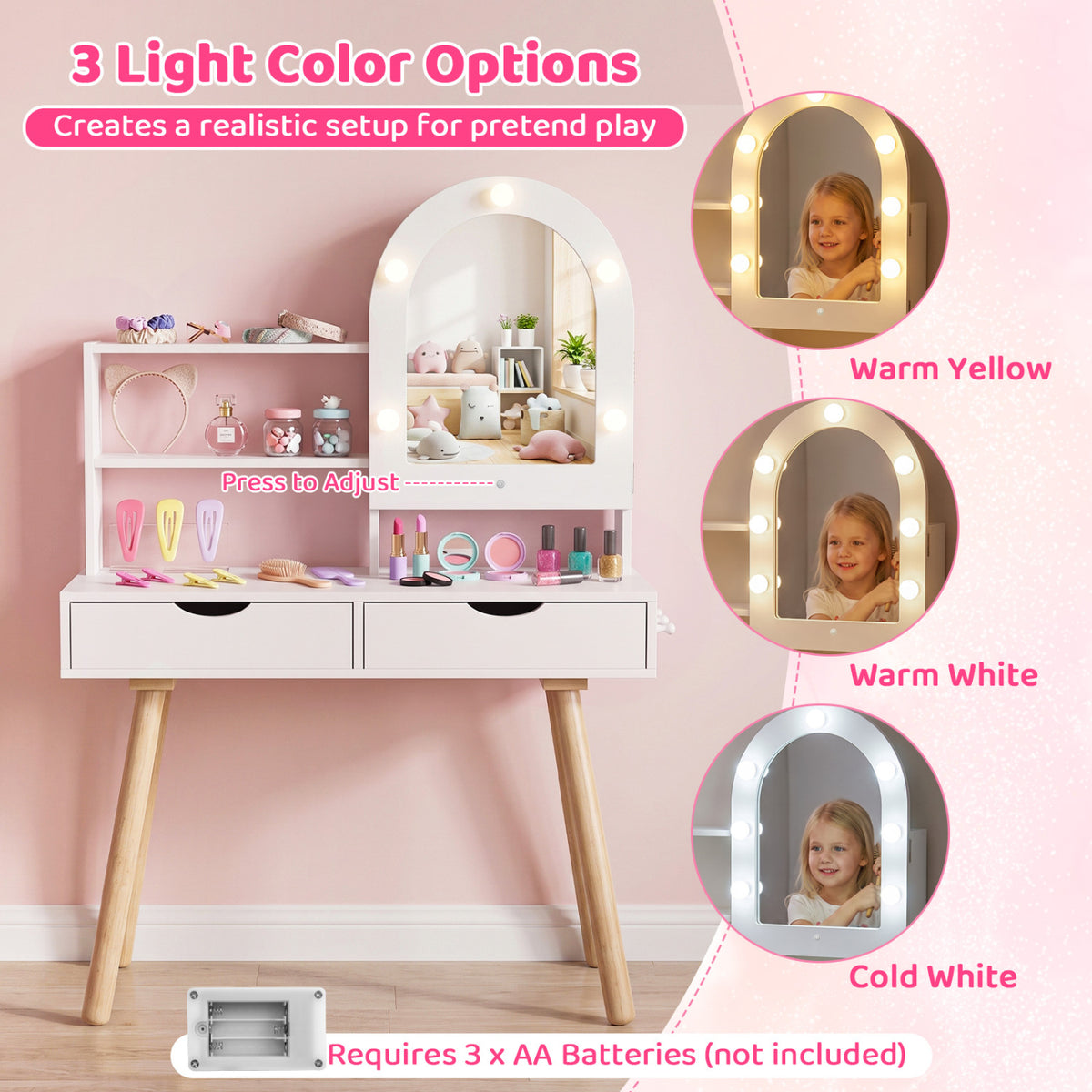 Vanity mirror shown with warm yellow, warm white, and cool white lighting, alongside a child using the mirror.