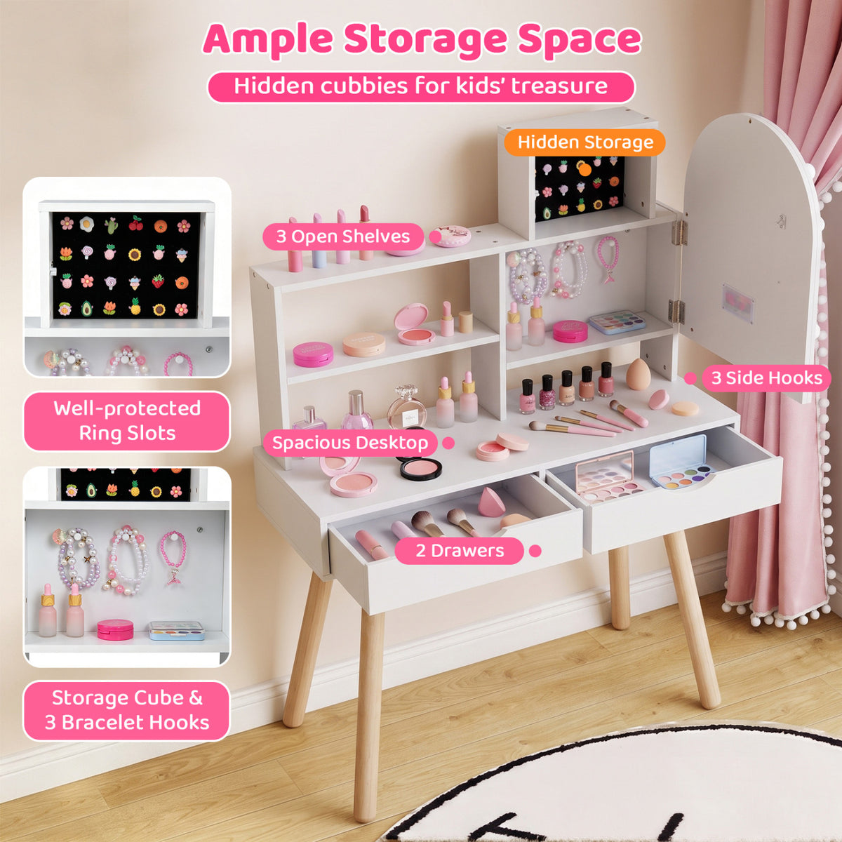 Vanity shown open with drawers, shelves, a side cabinet, hooks, and compartments for play accessories.
