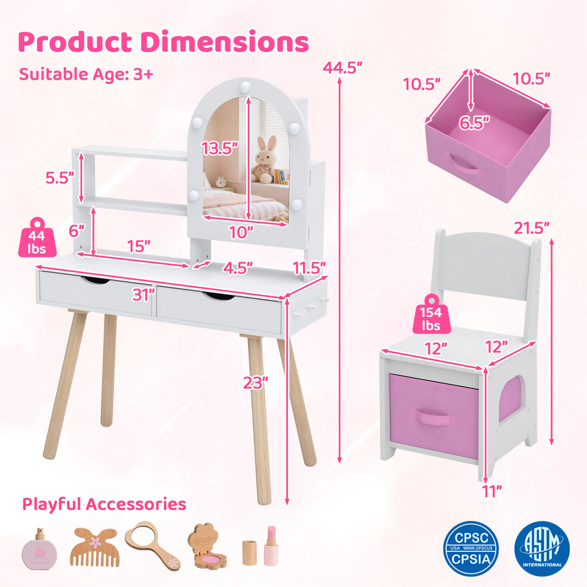 Vanity set, chair, and accessories shown with measurement arrows on a pink background.