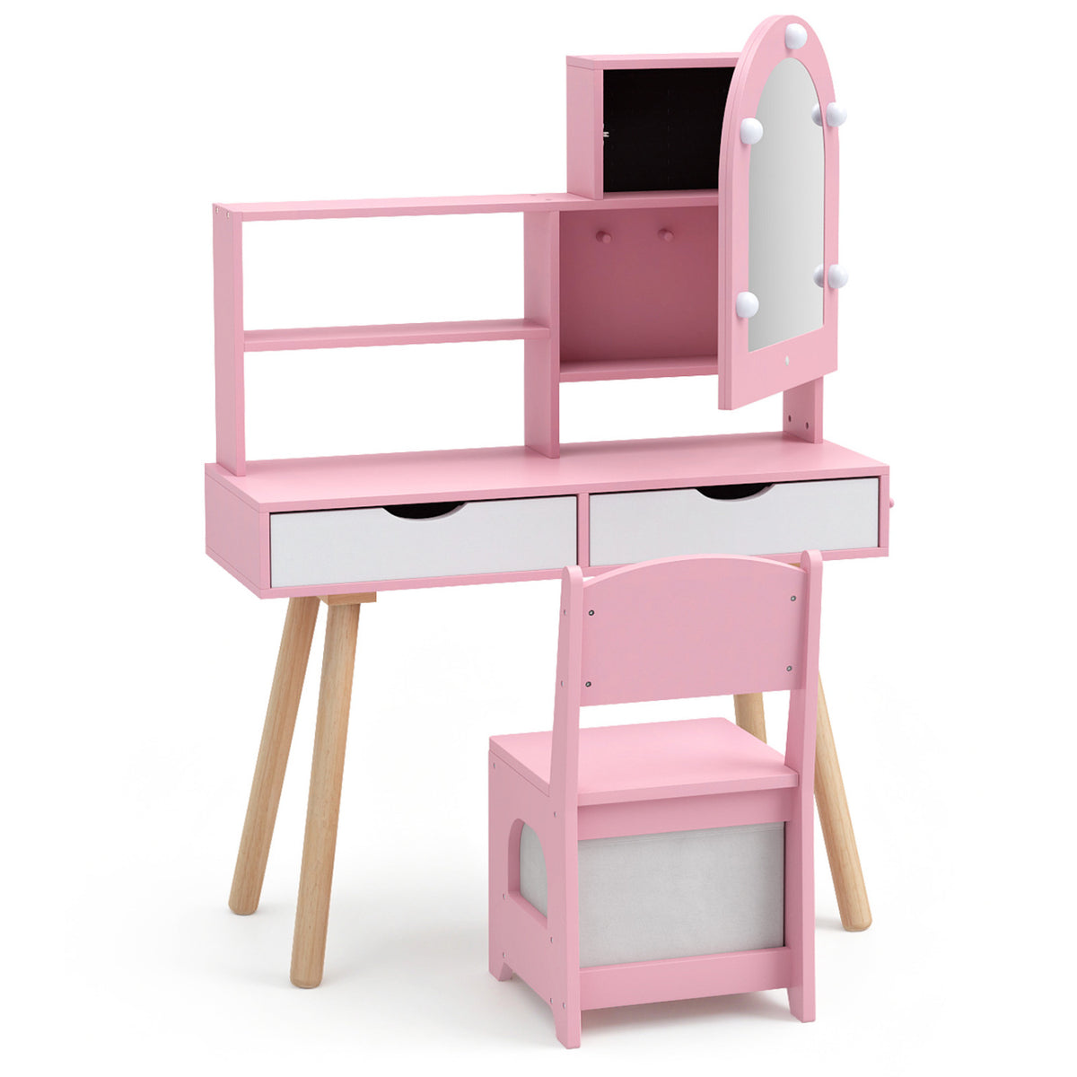 Pink vanity set and chair against a white background, shown without the decorative accessories.