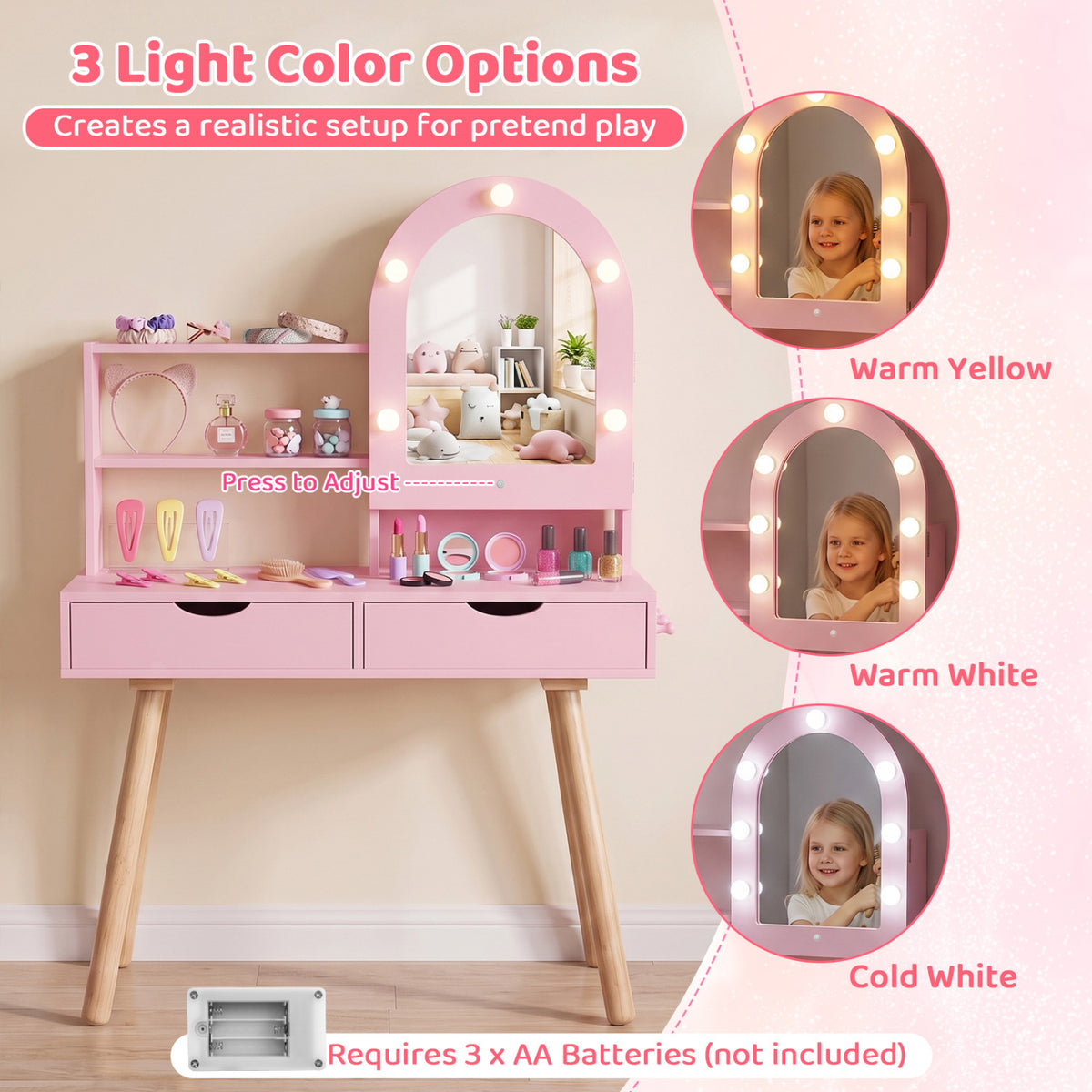 Pink vanity shown with three mirror-light settings, alongside close-ups of each glow.