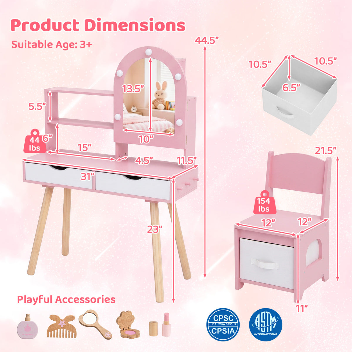 Pink vanity set, matching chair, drawer, and accessories shown with measurement arrows.