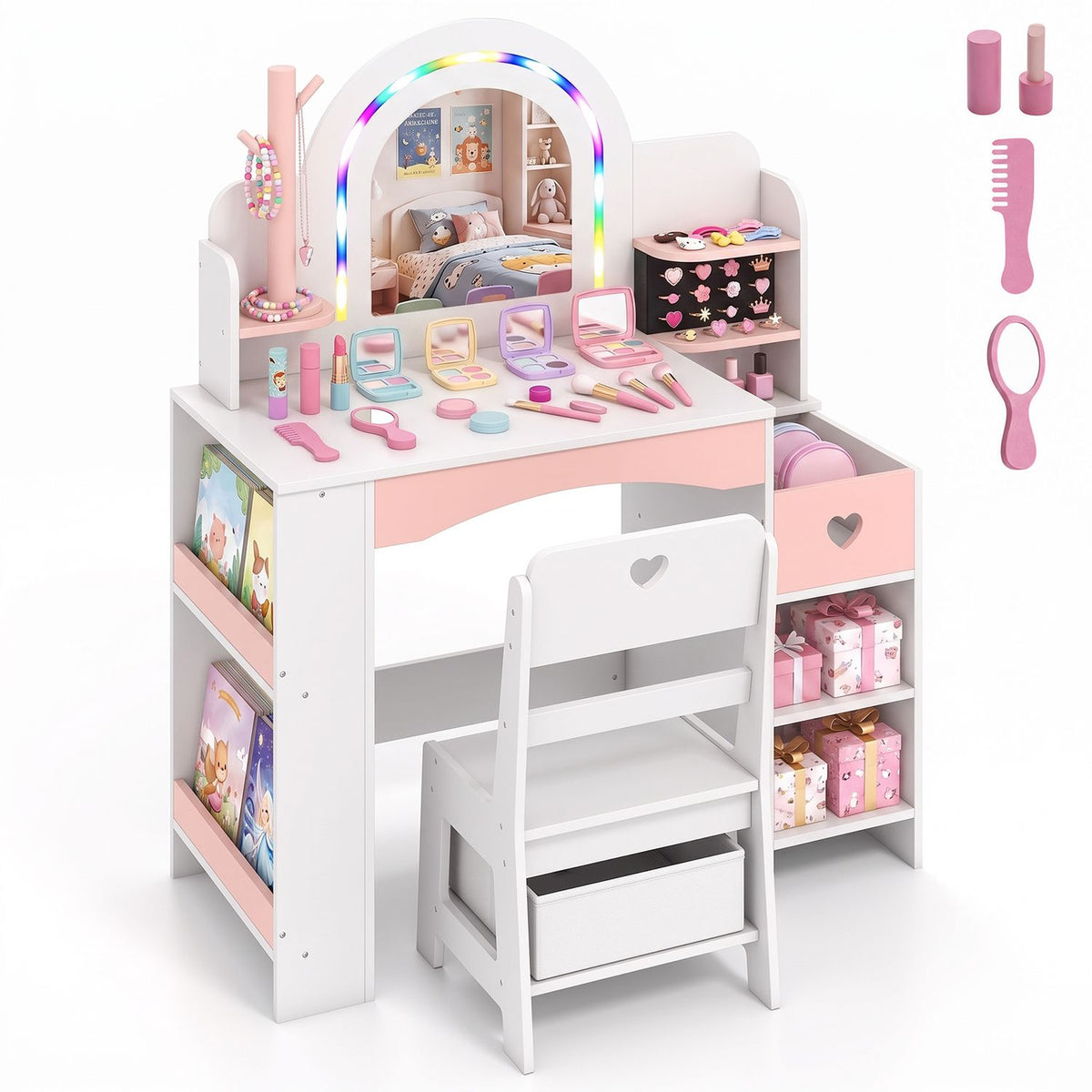White and pink vanity set with arched mirror, chair, open shelves, and small grooming accessories on a white background.