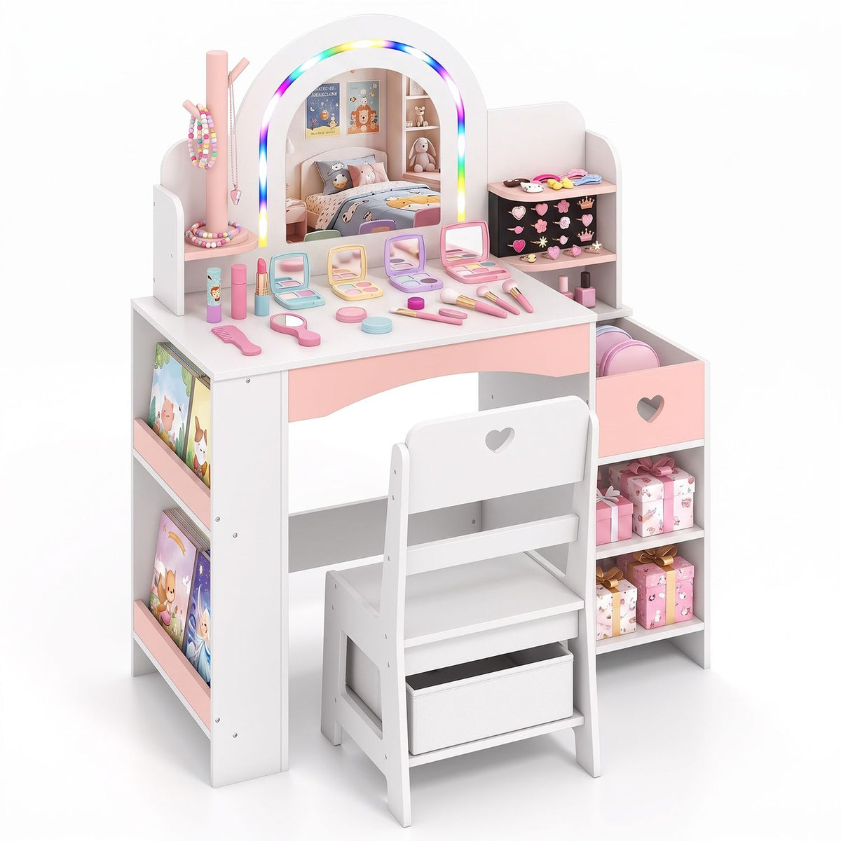The vanity set is shown against white, with its chair in front and pink accessories displayed beside it.