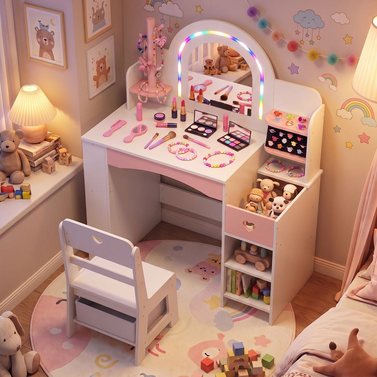 Children's vanity and chair viewed from above, with colorful play makeup arranged across the tabletop.