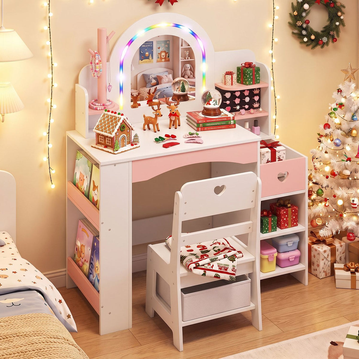 Pink-and-white vanity set with a lit mirror, chair, toys, and gifts in a decorated holiday room.