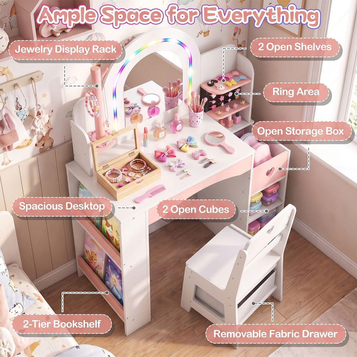 Vanity set with its mirror, jewelry stand, shelves, desktop, storage cubbies, and chair arranged in a bedroom.