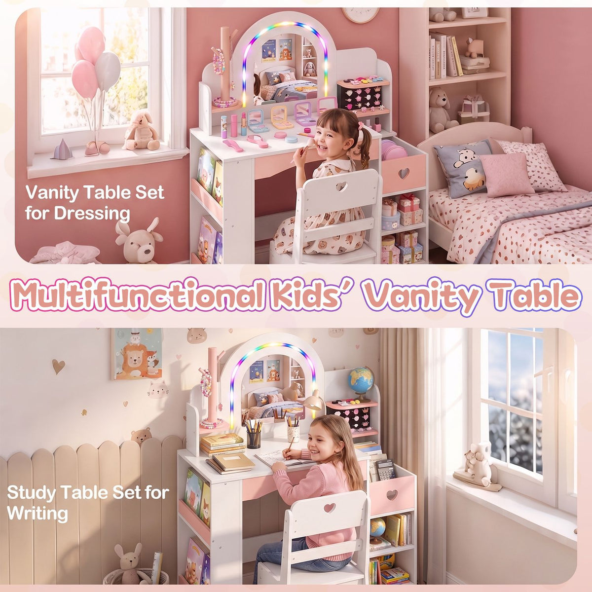 Two scenes show children using the vanity set for dressing and writing in a pink bedroom.