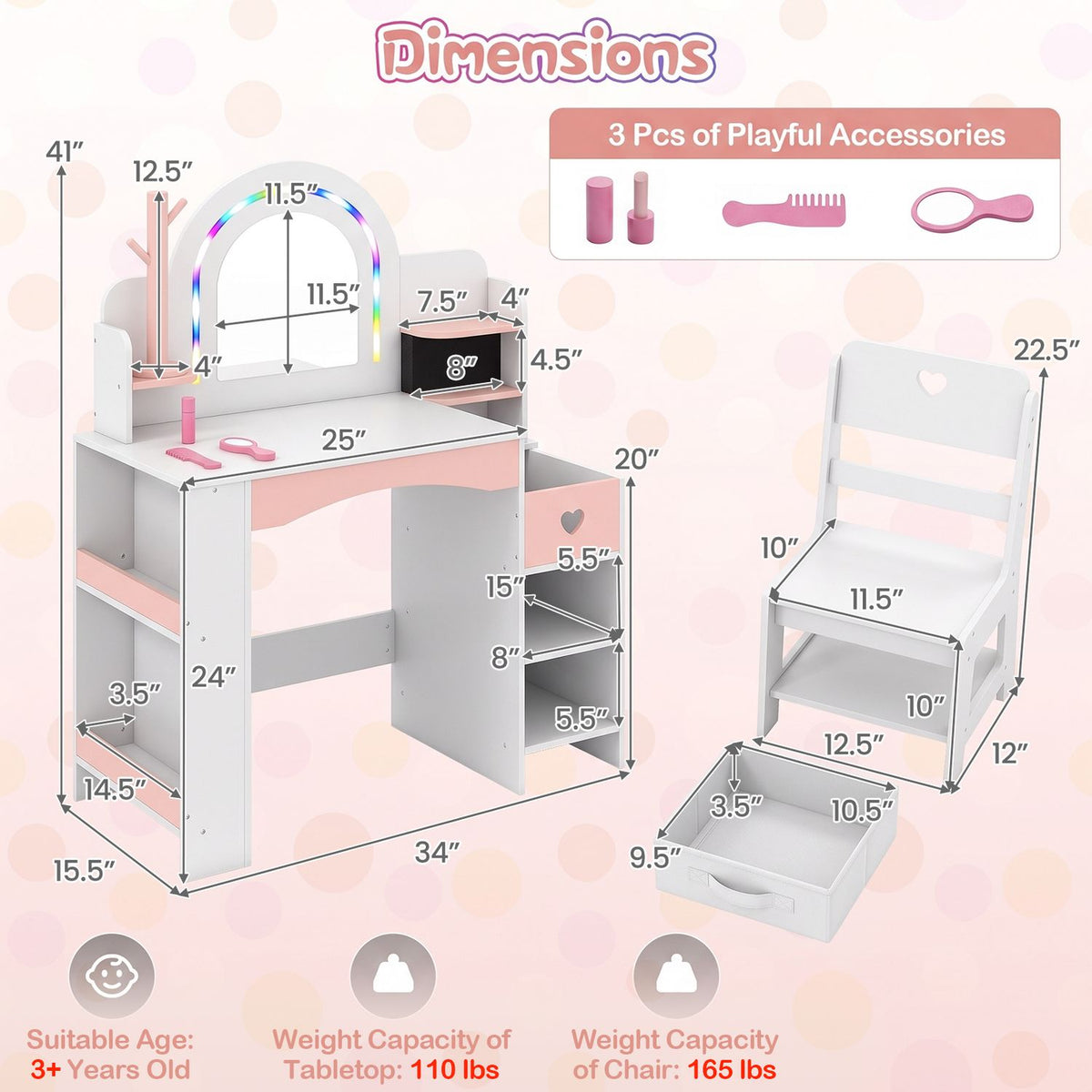 Illustrated vanity set and chair shown from several angles with measurement arrows and accessory icons.