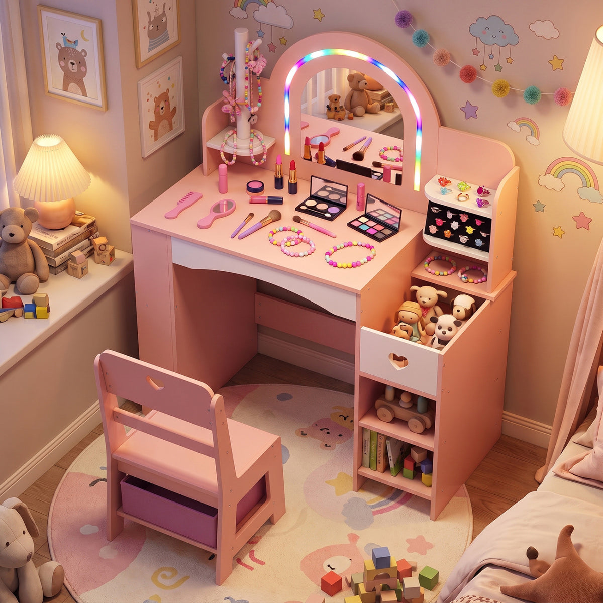 Pink vanity set viewed from above, with makeup accessories on the desk and toys arranged on its shelves.