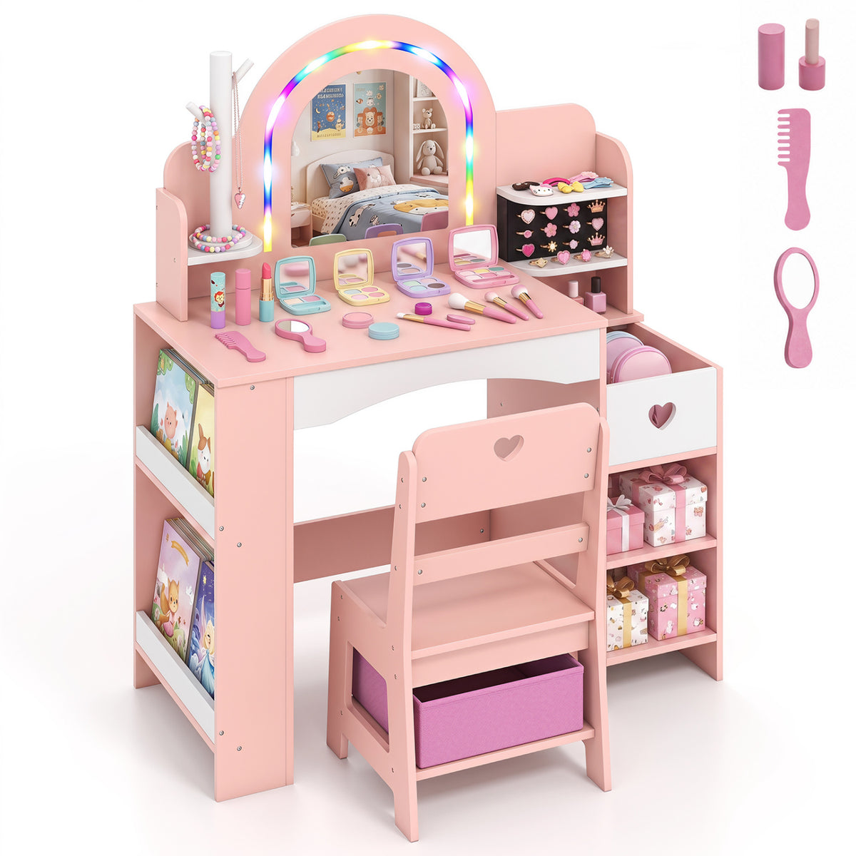 Pink vanity and chair against a white background, with an arched illuminated mirror and grooming accessories displayed.