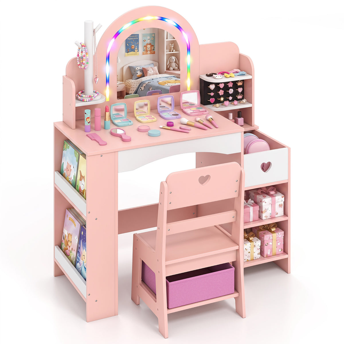 The pink vanity set and accessories shown against white, including a chair, storage shelves, and colorful mirror lights.