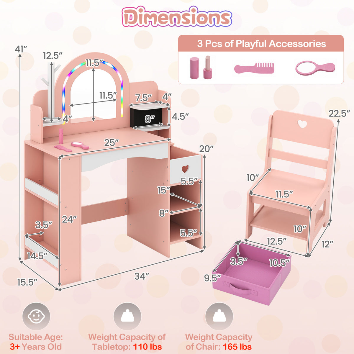 Pink vanity set shown with a matching chair and a pull-out fabric drawer, with measurement arrows around both pieces.