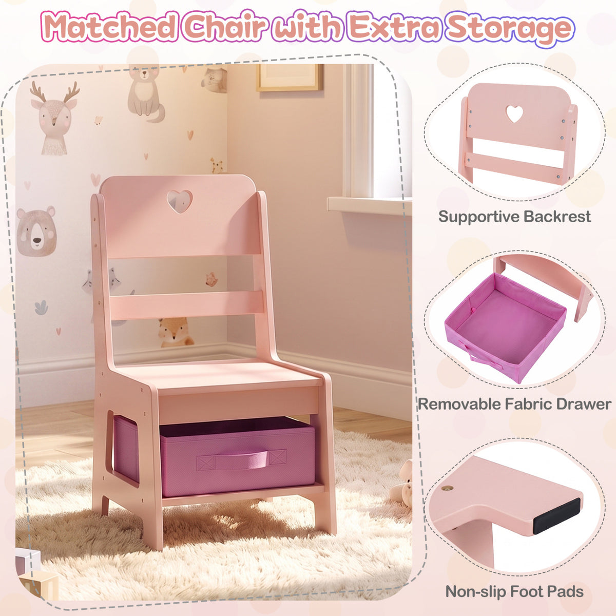 Pink chair shown in a nursery, with close-up views of its heart-shaped backrest, fabric drawer, and foot pads.