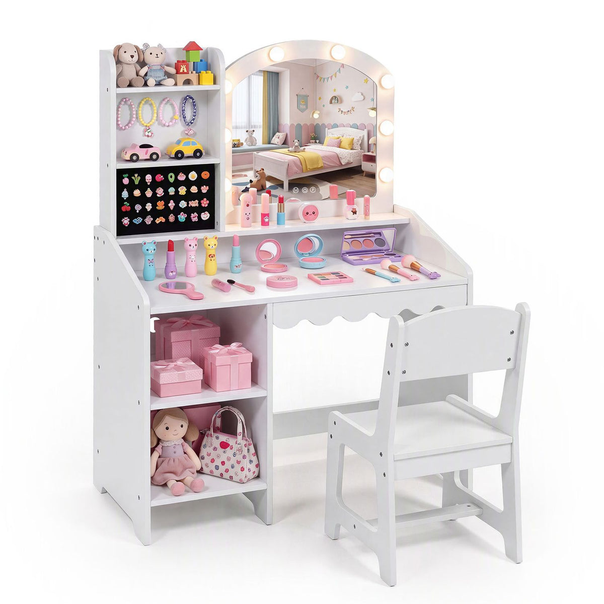White children's vanity set with an illuminated mirror, makeup accessories, open shelves, and a matching chair.