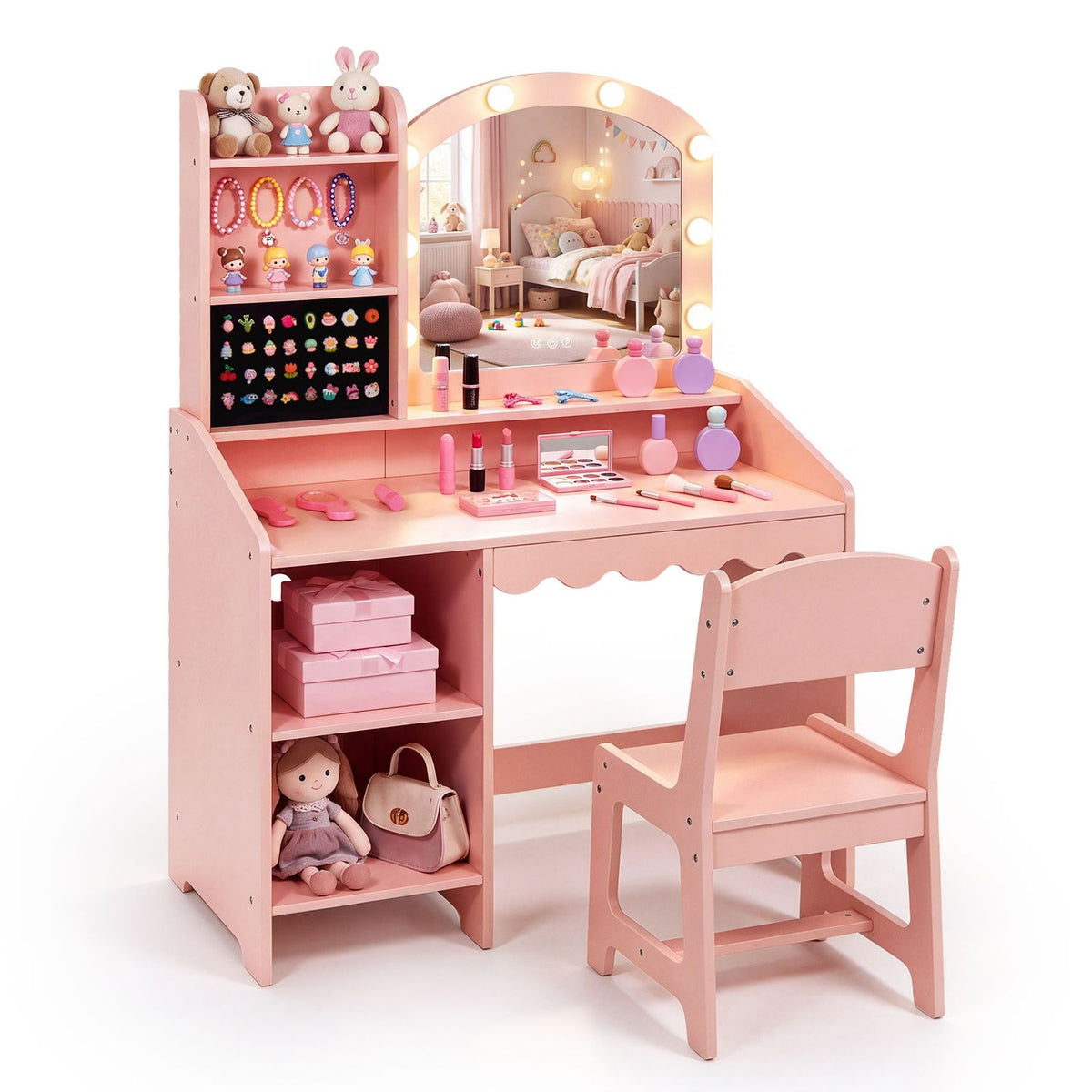 Pink children's vanity set with an illuminated mirror, makeup accessories, open shelves, and a matching chair.