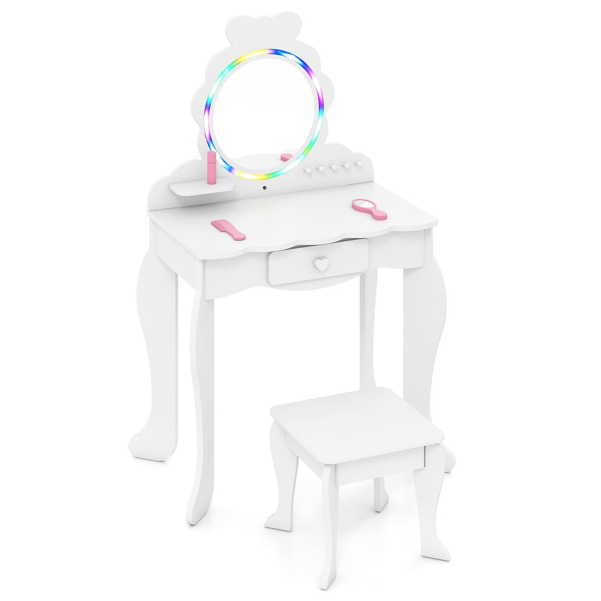 White children’s vanity and matching stool with a round rainbow-lit mirror and pink accessories.