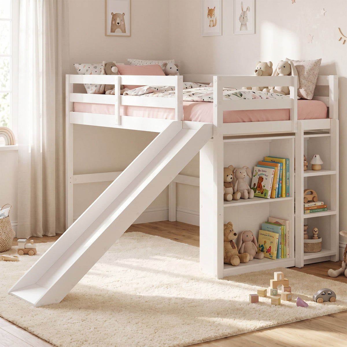Kids Wooden Twin Size Loft Bed Frame with Slide and Ladder, White