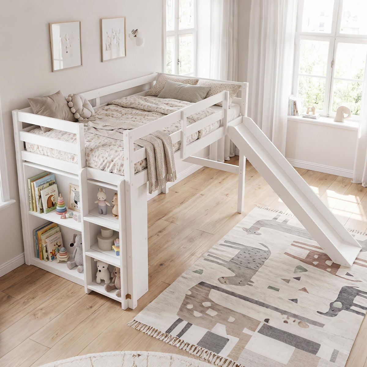 Kids Wooden Twin Size Loft Bed Frame with Slide and Ladder, White