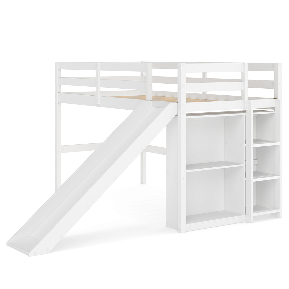 Kids Wooden Twin Size Loft Bed Frame with Slide and Ladder, White