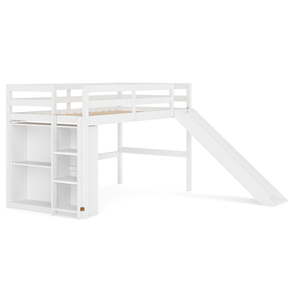 Kids Wooden Twin Size Loft Bed Frame with Slide and Ladder, White