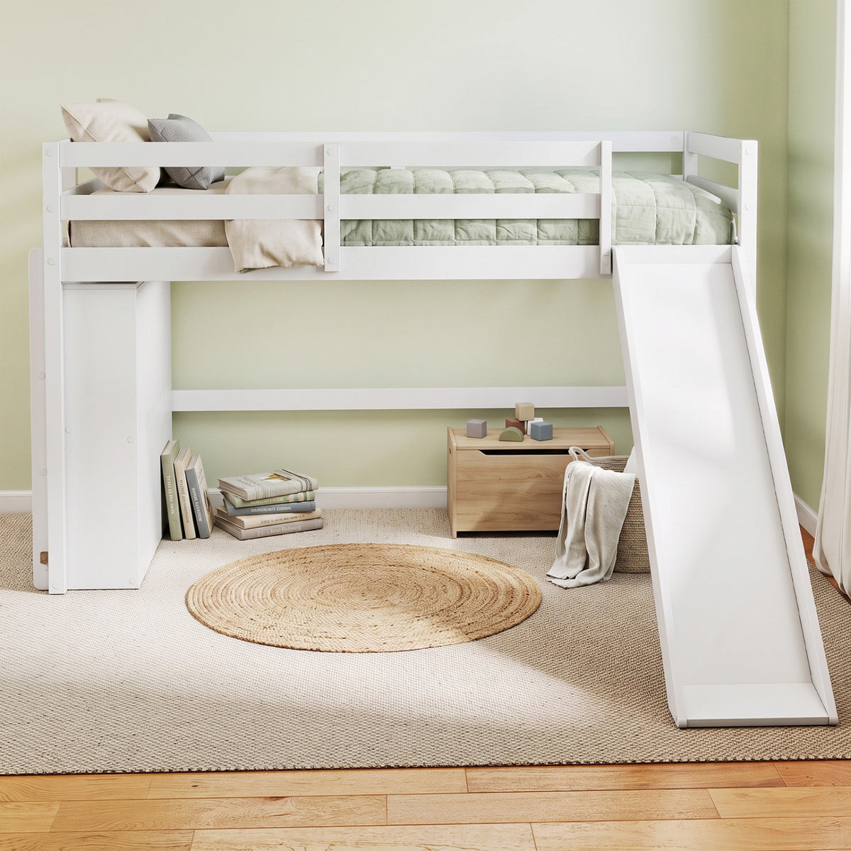 Kids Wooden Twin Size Loft Bed Frame with Slide and Ladder, White