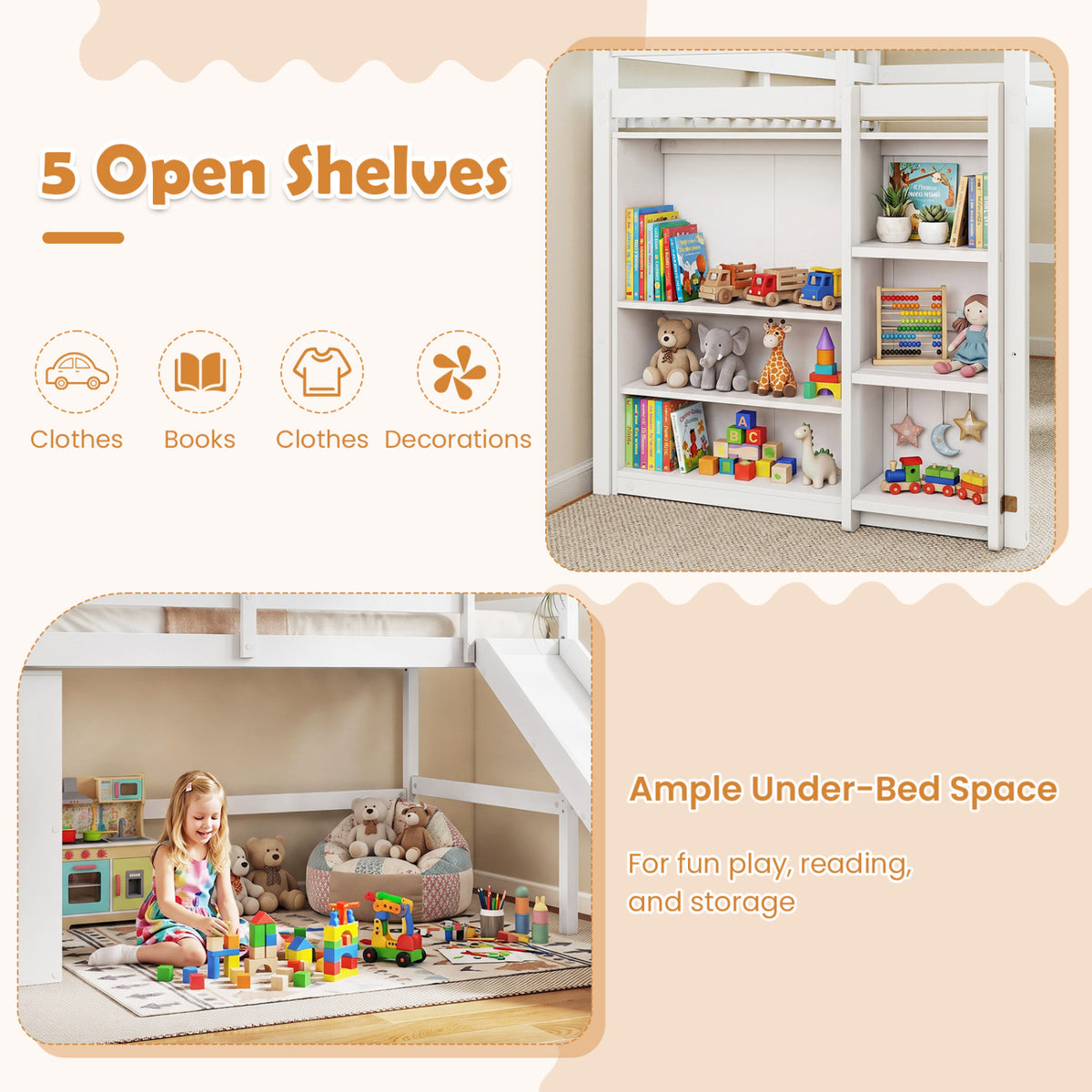 Kids Wooden Twin Size Loft Bed Frame with Slide and Ladder, White