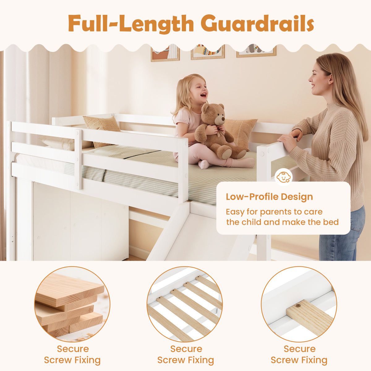 Kids Wooden Twin Size Loft Bed Frame with Slide and Ladder, White