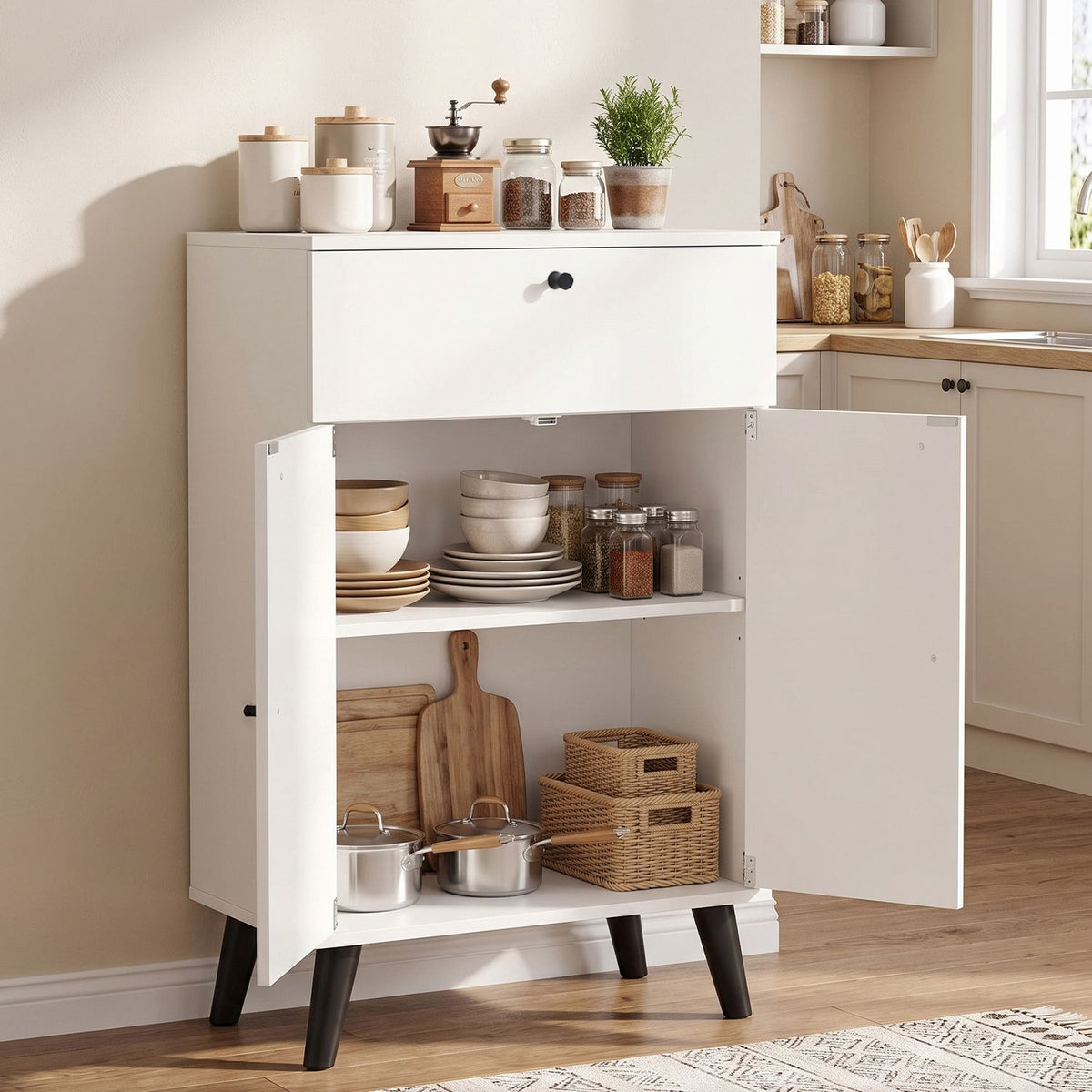 White cabinet with its drawer and both doors open, displaying dishes, jars, cookware and woven baskets.