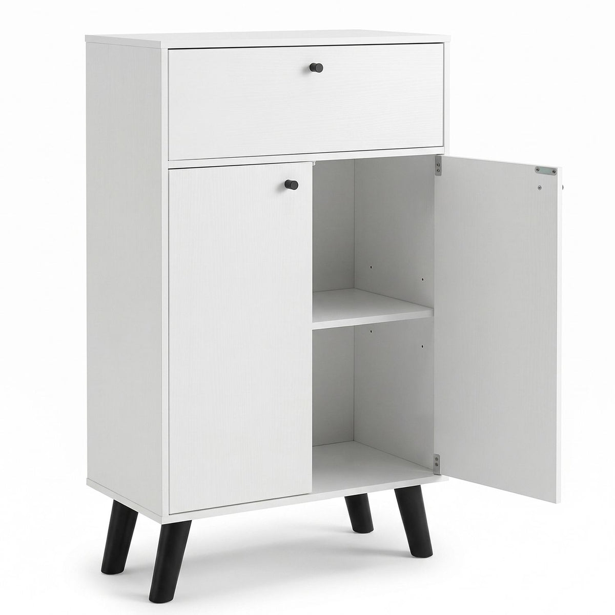 White cabinet with its drawer and doors open, showing two empty interior shelves against a white background.