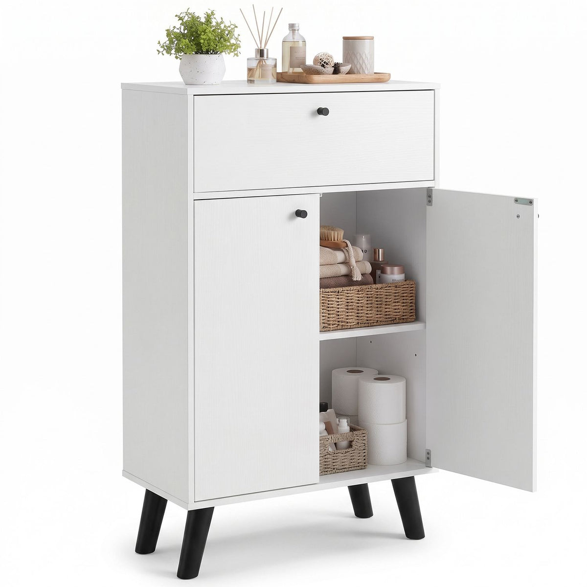 White cabinet with its drawer and doors open, holding woven baskets and household items on the shelves.