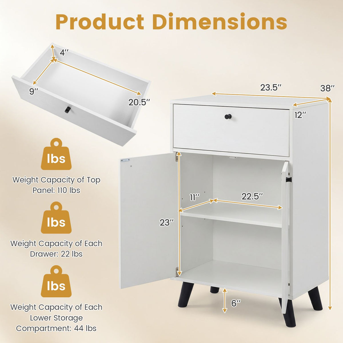 White buffet cabinet shown open beside an illustrated shelf panel, with measurement arrows around the cabinet.